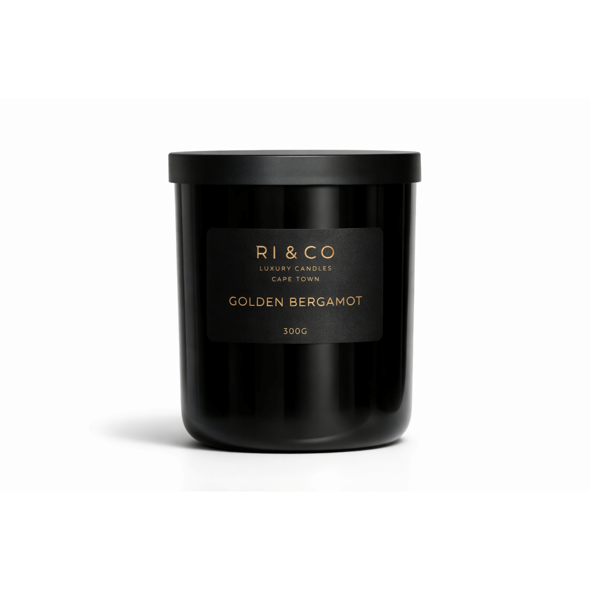 RI & CO luxury scented candle Golden Bergamot 300g black glass candle handmade in Cape Town
