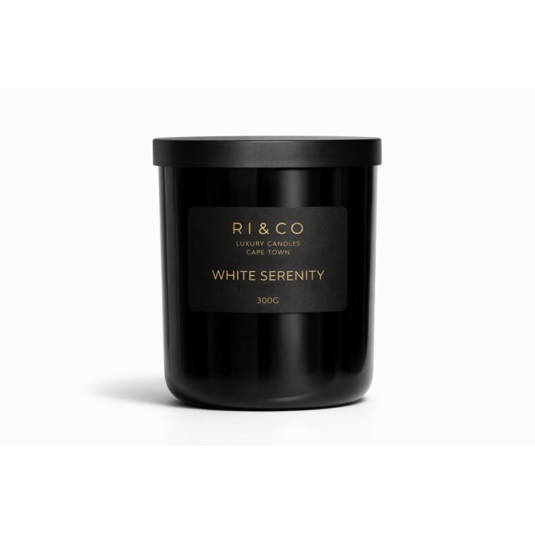 RI & CO luxury scented candle White Serenity 300g minimalist black glass candle handmade in Cape Town