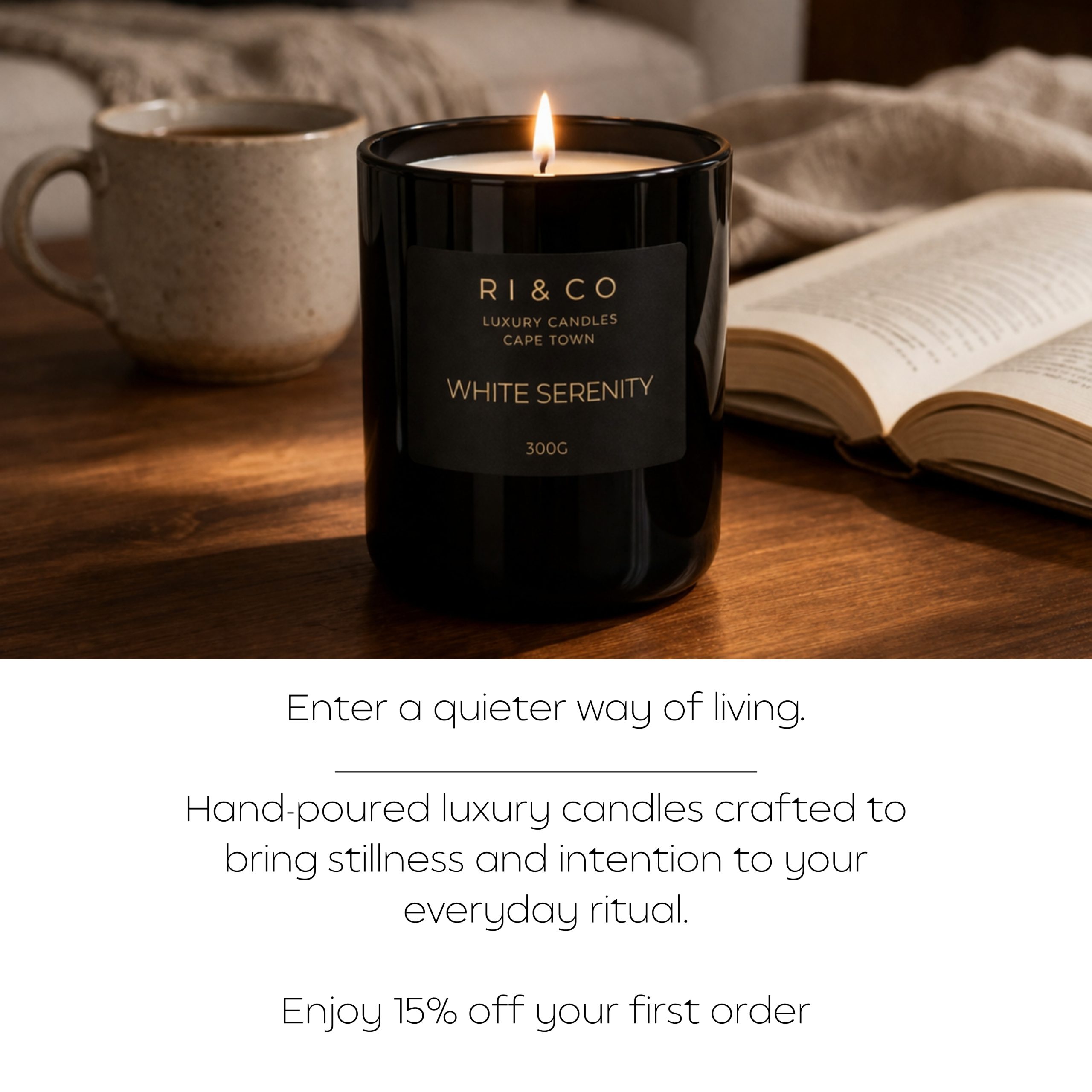 RI & CO Luxury Candle Lifestyle – Minimalist Warm Interior Luxury candles South Africa – RI & CO candle in a calm home setting”