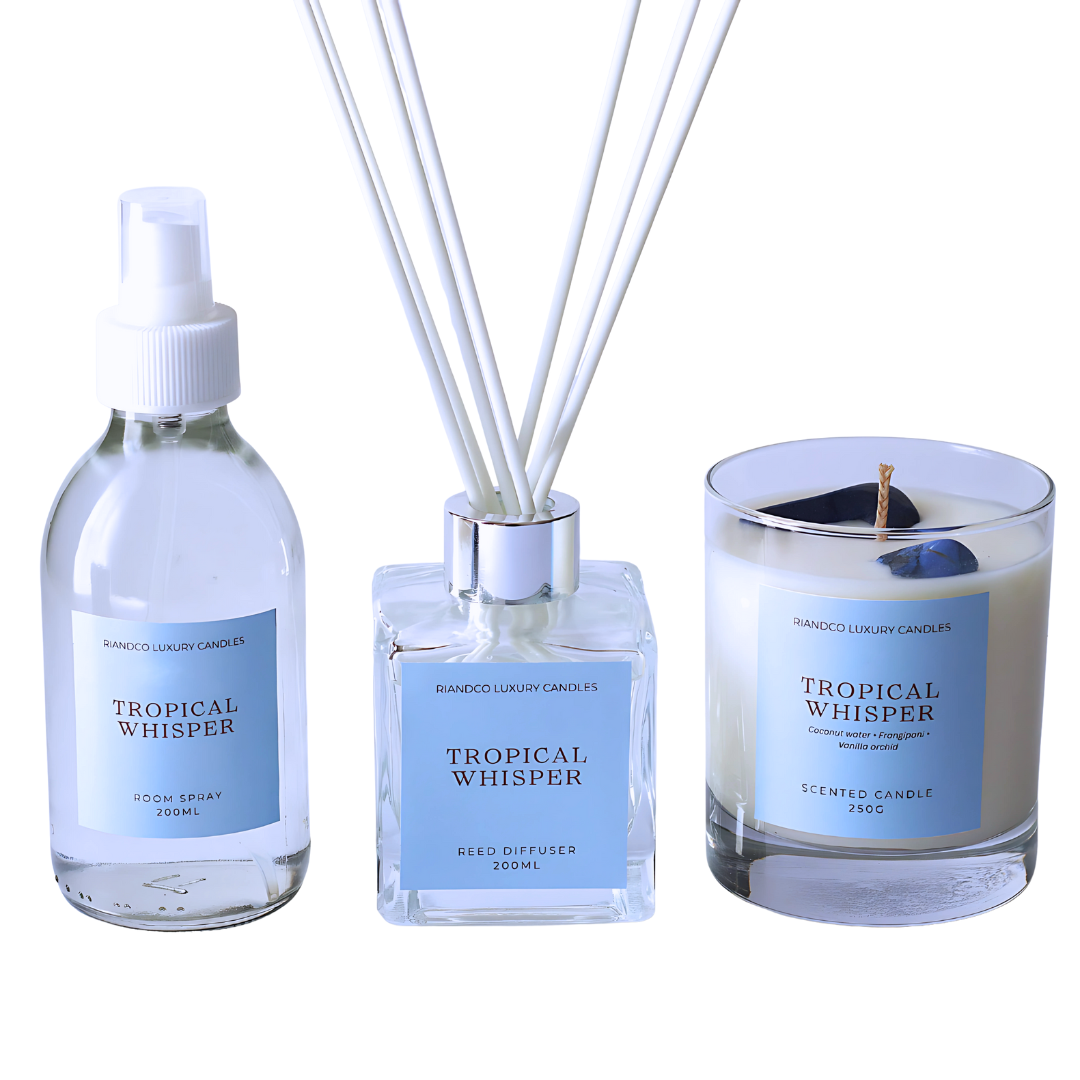 Tropical Whisper Home Fragrance Set – Candle, Diffuser & Room Spray