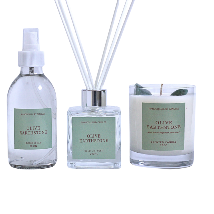 Olive Earthstone Home Fragrance Set – Candle, Diffuser & Room Spray