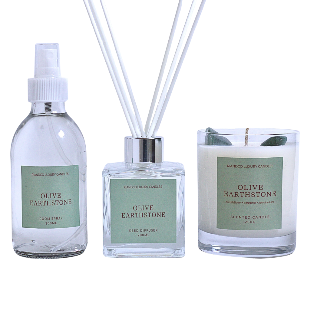 Olive Earthstone Home Fragrance Set – Candle, Diffuser & Room Spray
