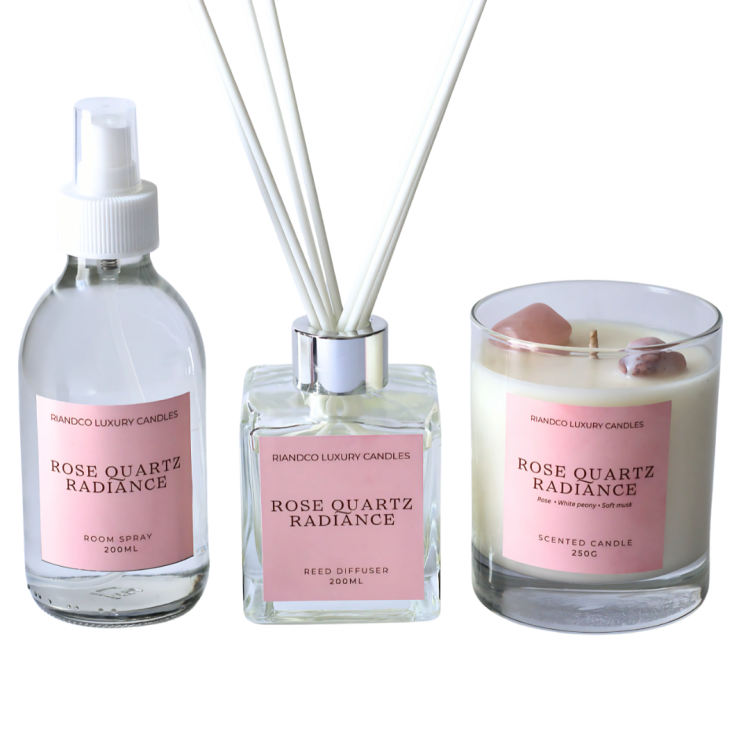 Rose Quartz Radiance Home Fragrance Set – Candle, Diffuser & Room Spray