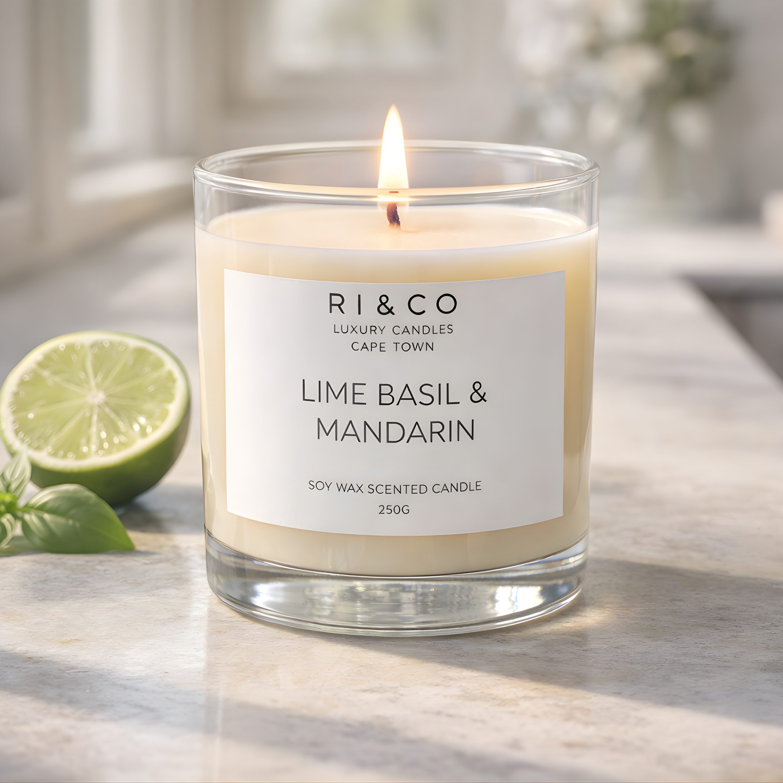 RI & CO Lime Basil & Mandarin luxury soy candle styled on marble counter with lime and basil leaves in a bright kitchen setting