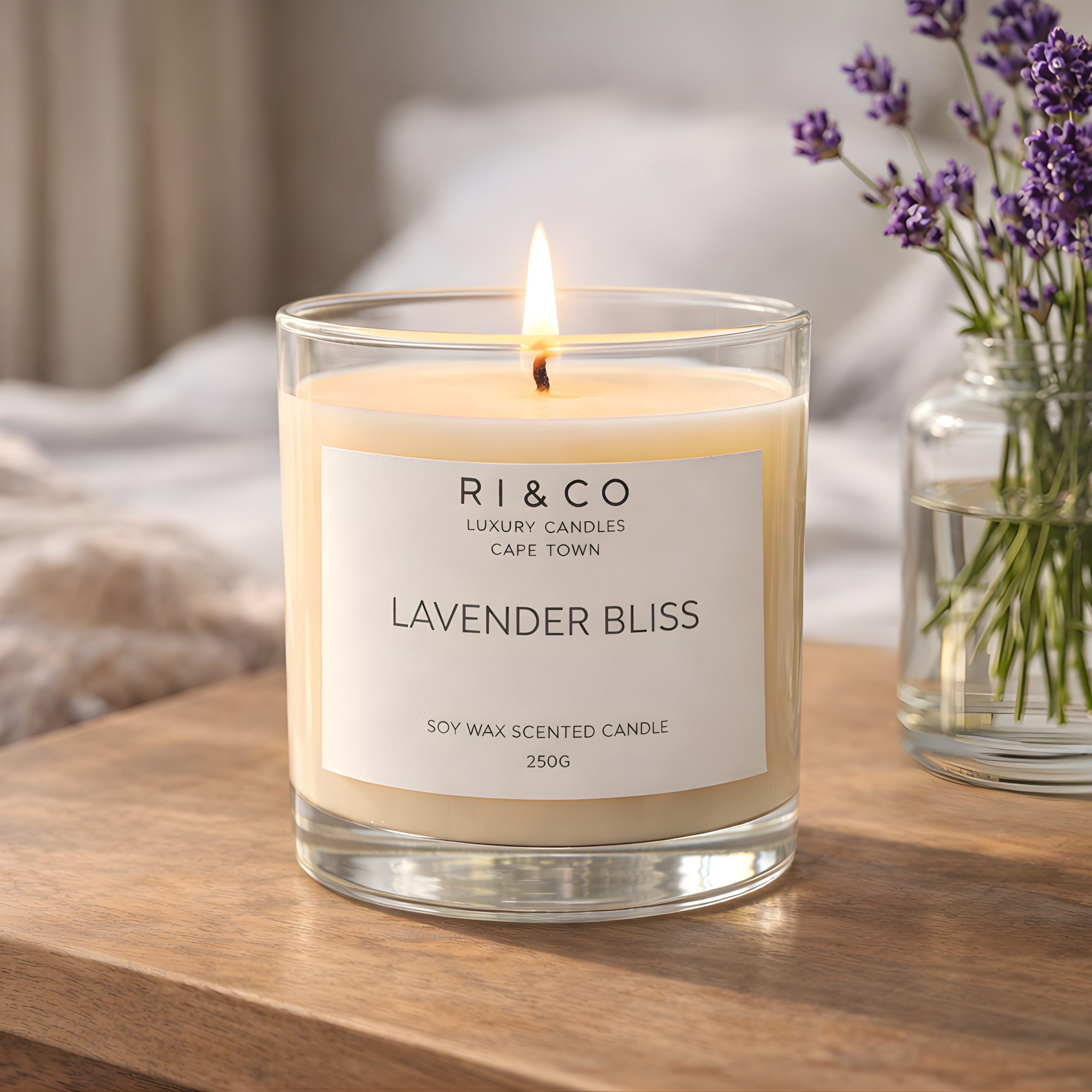 RI & CO Lavender Bliss luxury soy candle on bedside table with fresh lavender stems in a peaceful bedroom setting