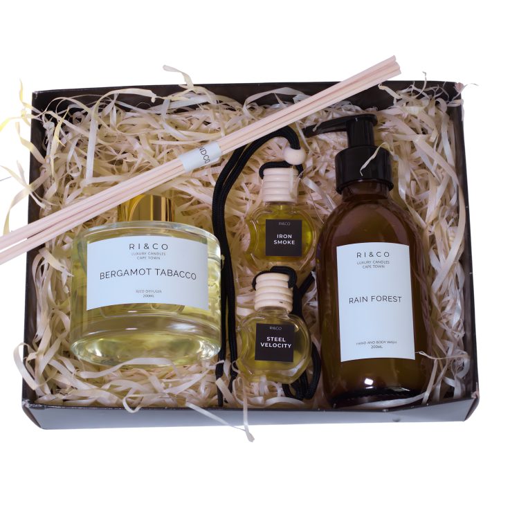 mens luxury gift set with bergamot tobacco reed diffuser, rainforest body wash, iron smoke and steel velocity car diffusers in premium packaging