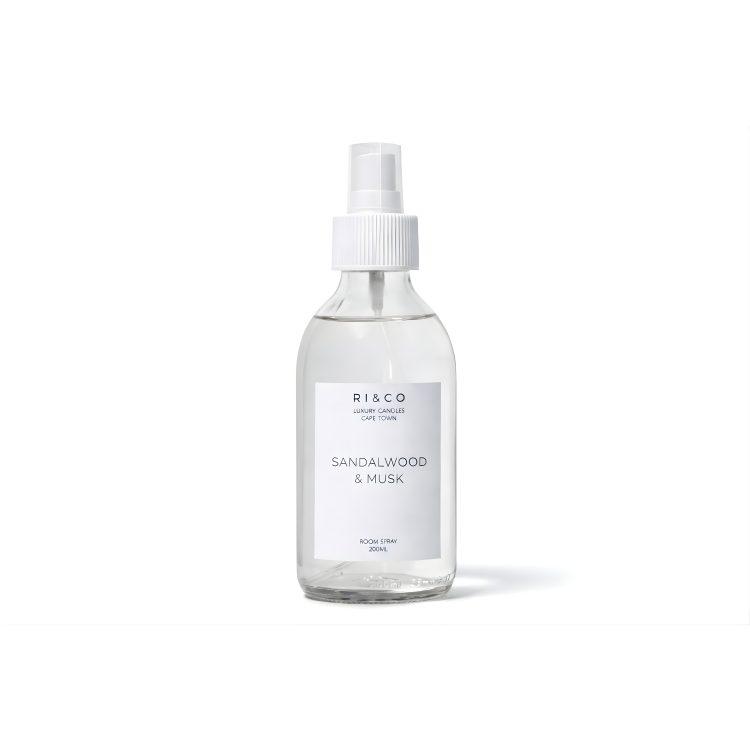 Luxury Sandalwood & Musk room spray in a minimalist glass bottle by Ri&Co