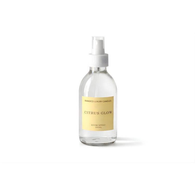 Riandco Luxury Candles Citrus Glow room spray in clear glass bottle on white background