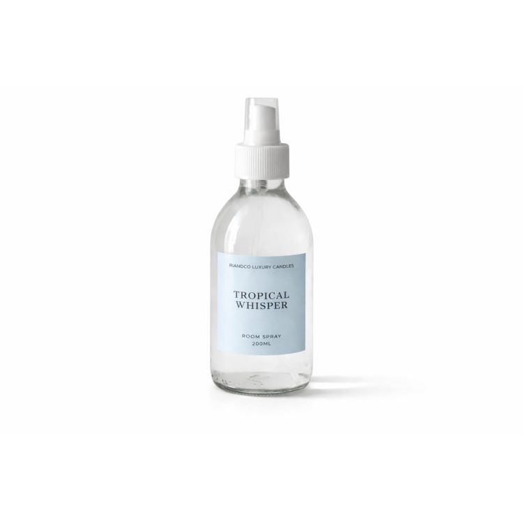 Riandco Luxury Candles Tropical Whisper room spray in clear glass bottle on white background
