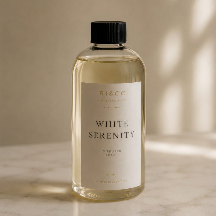 Luxury White Serenity reed diffuser refill by RI&CO with soft spa-inspired luxury styling and warm ivory tones.
