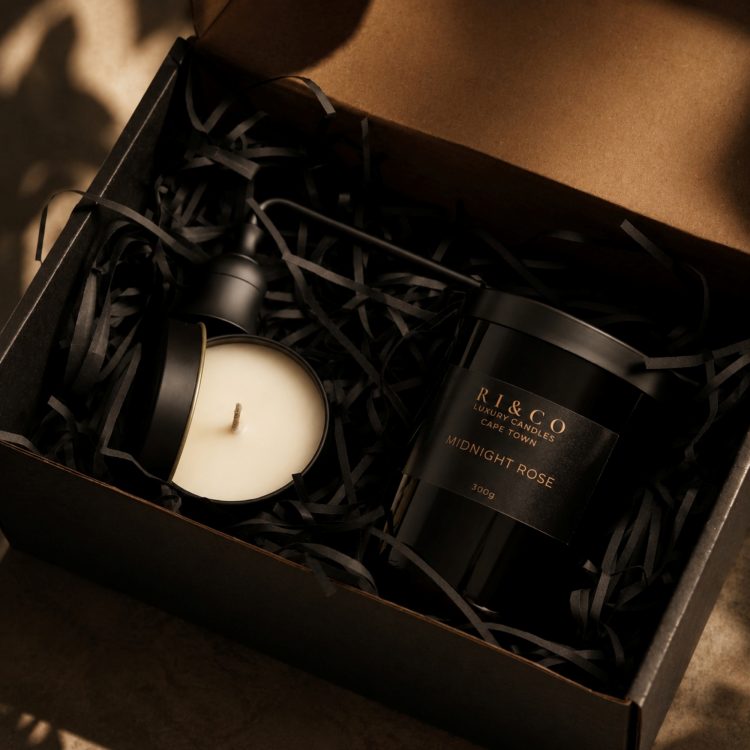 RI&CO Midnight Rose luxury wellness candle gift set with matte black candle snuffer