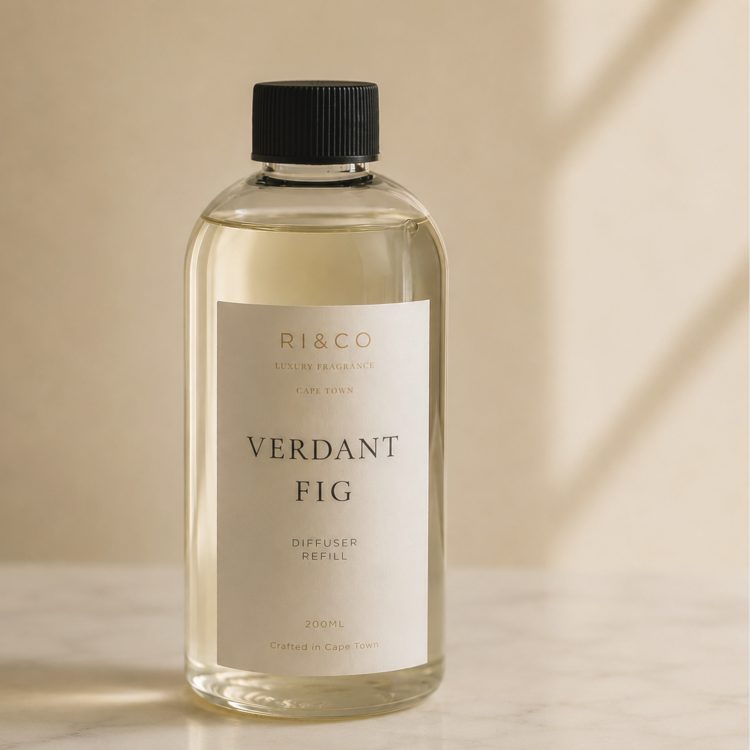 Luxury Verdant Fig reed diffuser refill by RI&CO styled with warm ivory tones and boutique hotel inspired aesthetics.